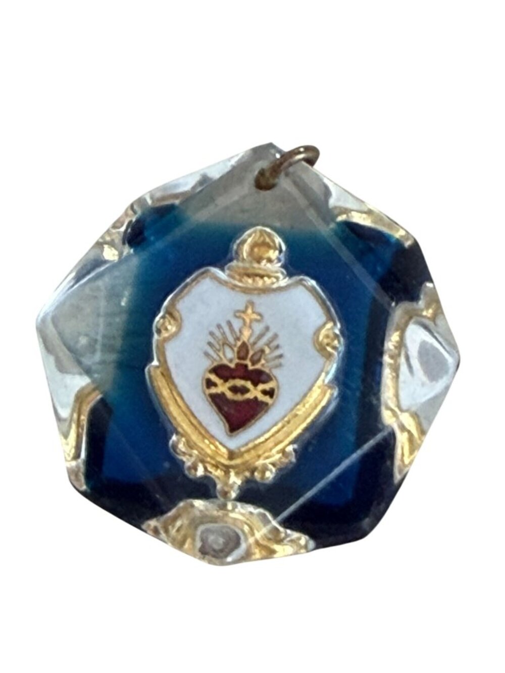 Vintage Sacred Heart Crystal Pendant Religious Charm Octagonal Gold & Blue Desig